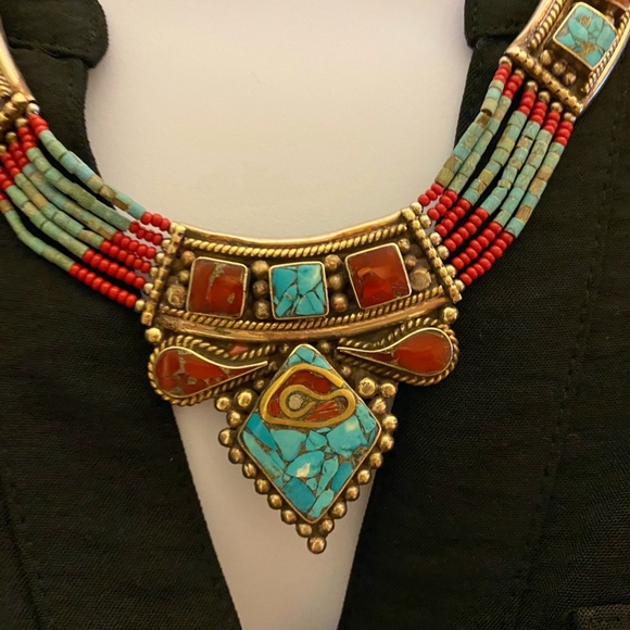 NEPAL JEWELRY 925 SILVER PLATED TIBETAN CORAL TURQUOISE NECKLACE - Picture 2 of 8